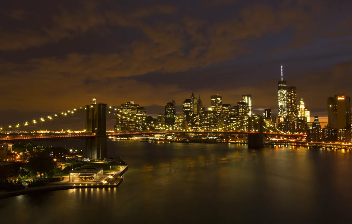 Photo wallpaper the sky, bridge, lights, building, New York, the evening, USA