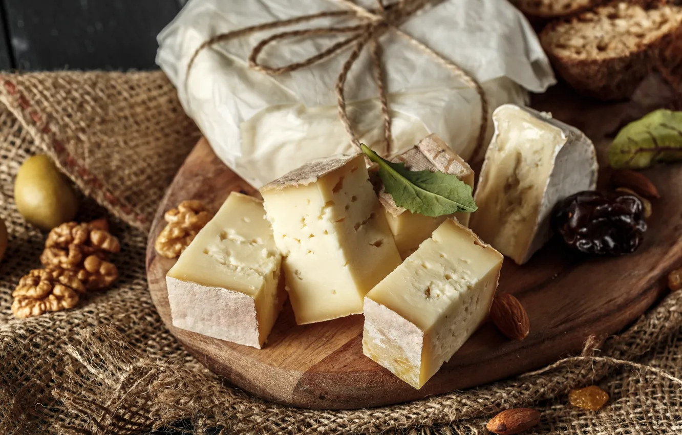 Photo wallpaper cubes, food, cheese, nuts, prunes
