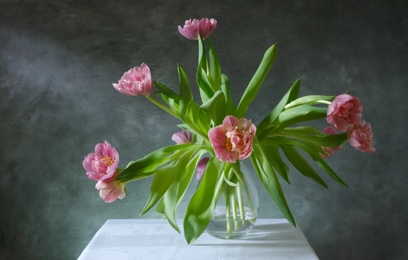 Photo wallpaper background, bouquet, tulips, vase, pink