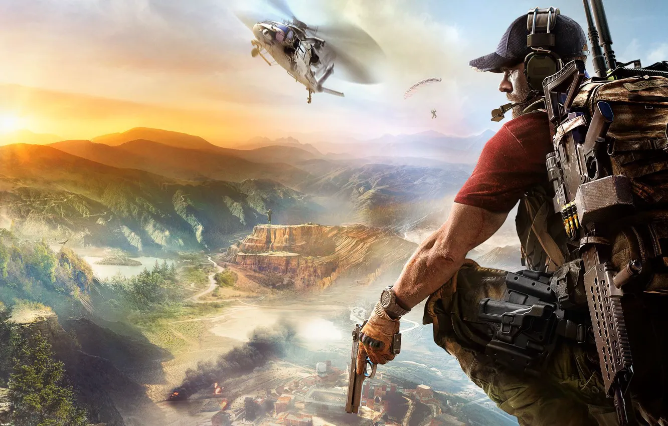 Photo wallpaper the sky, clouds, sunset, mountains, weapons, smoke, Ghost, helicopter