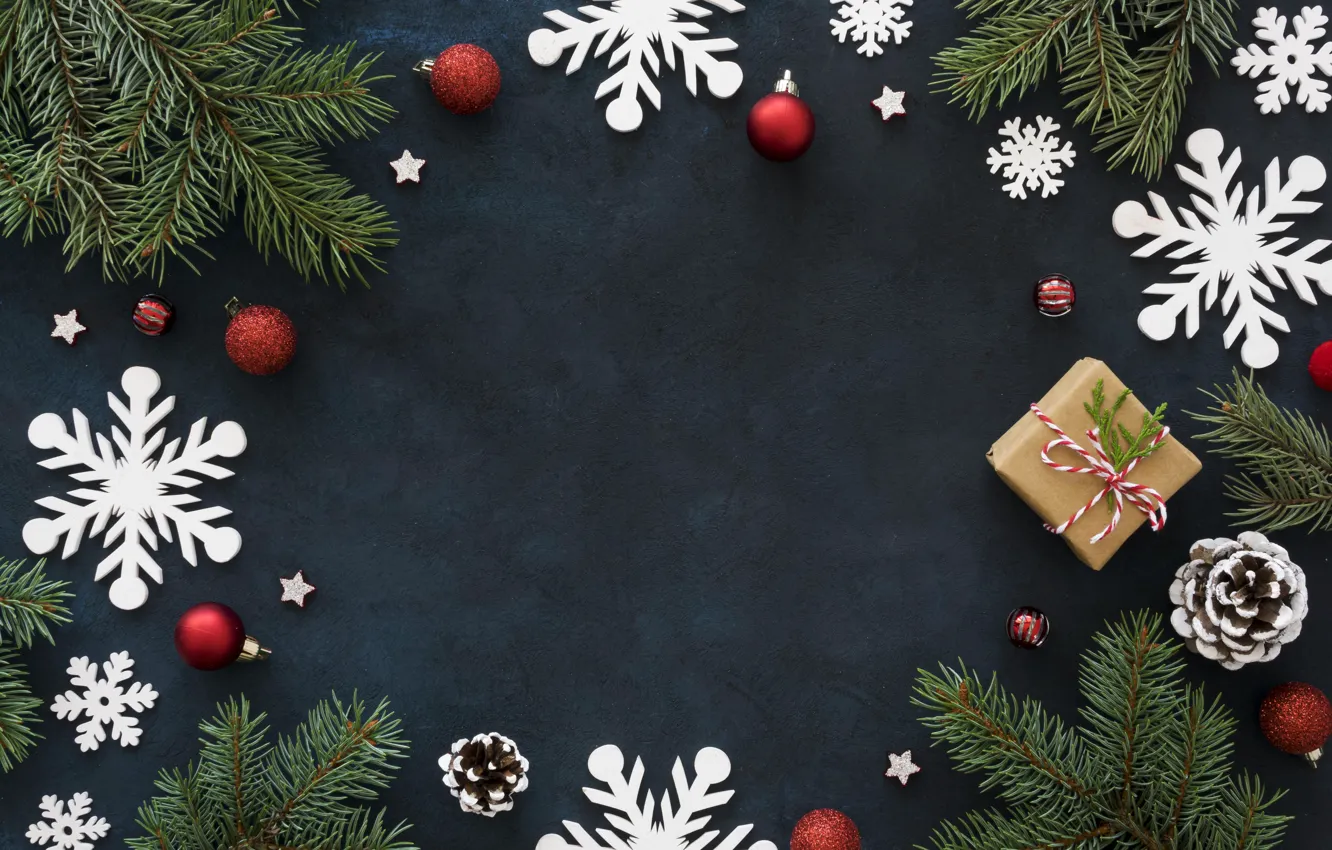 Photo wallpaper decoration, snowflakes, balls, Christmas, New year, christmas, balls, wood