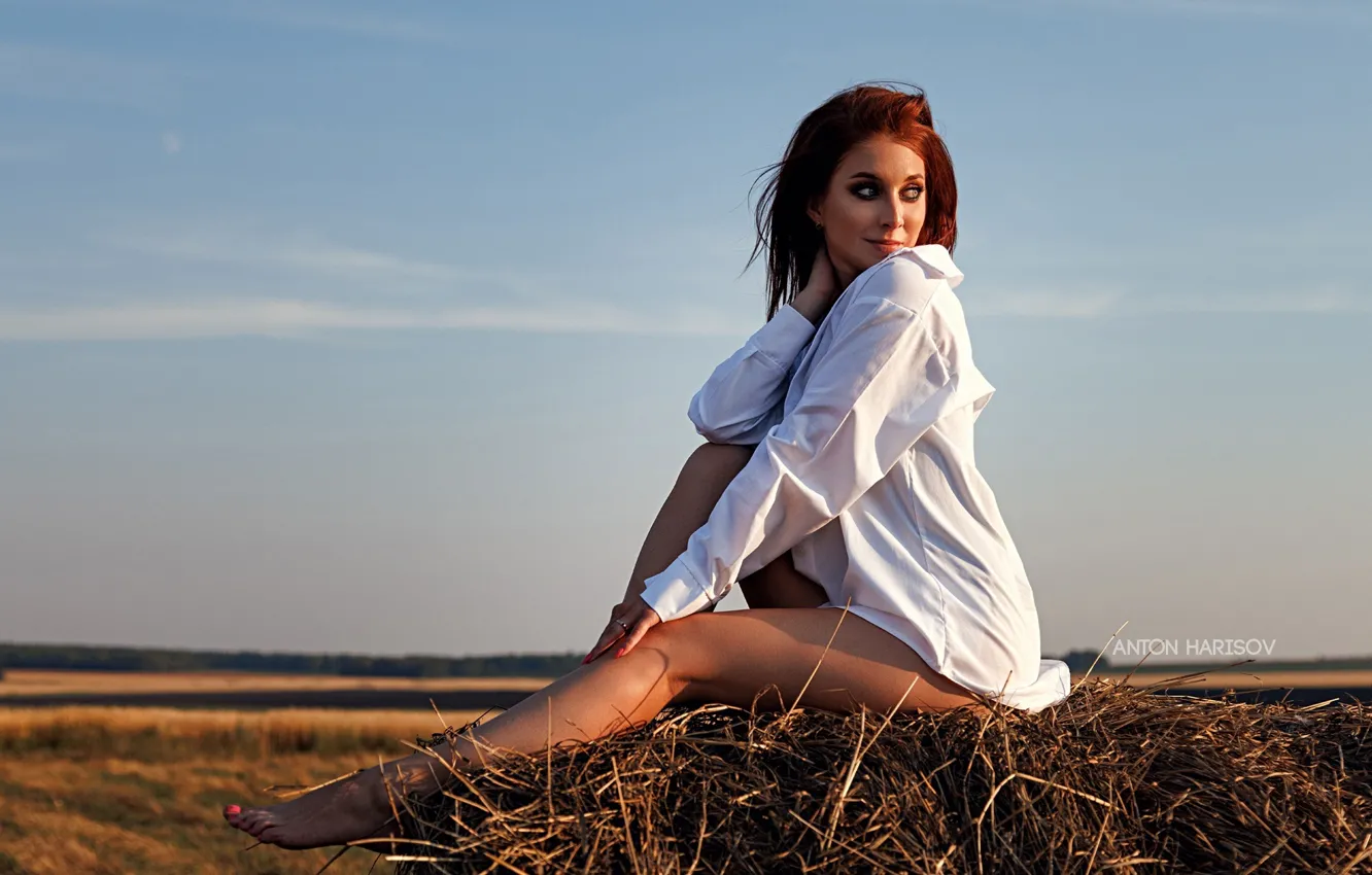 Photo wallpaper field, girl, pose, feet, hay, shirt, Anton Kharisov, Svetlana Marchenko