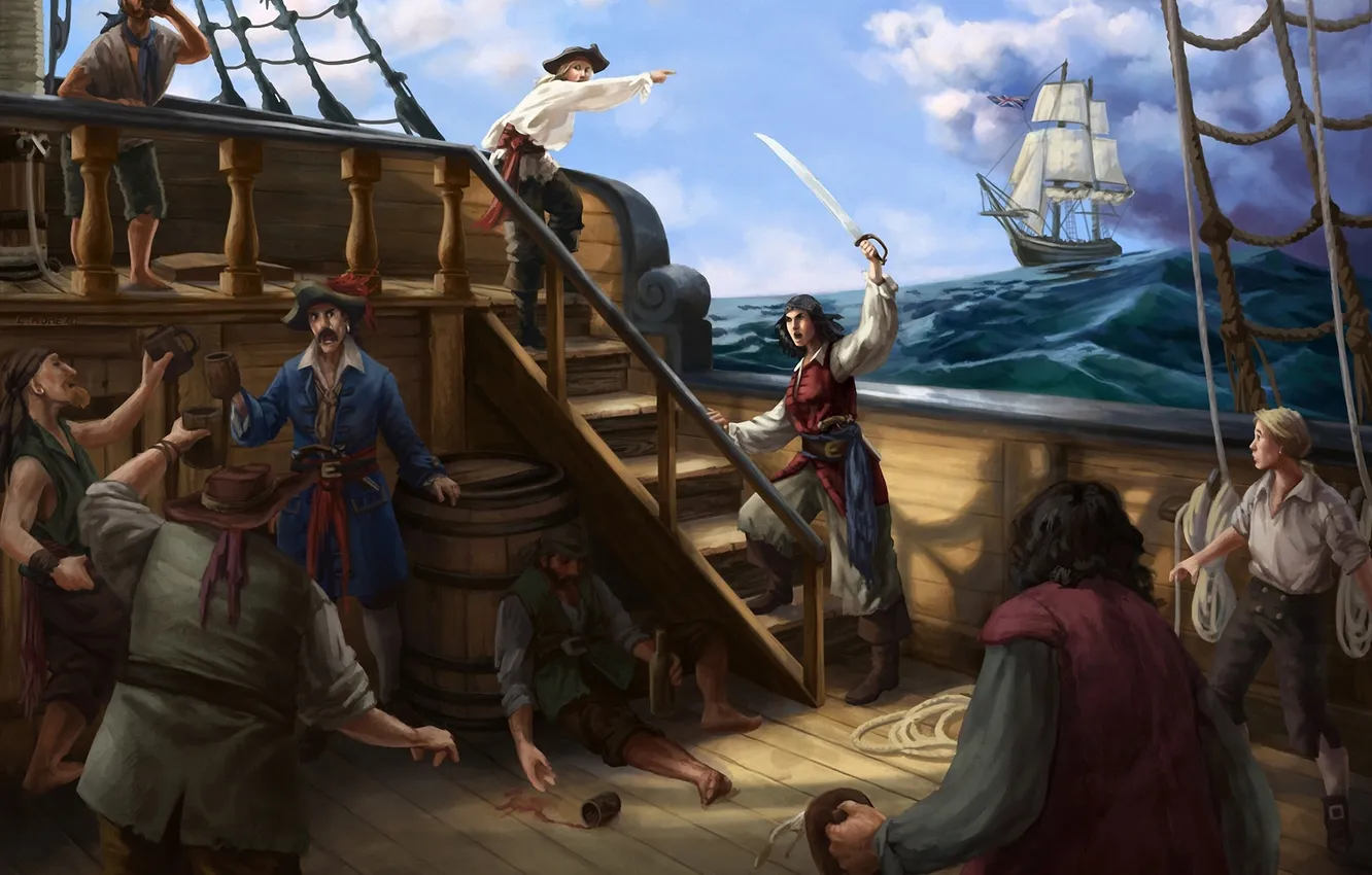 Photo wallpaper sea, ship, art, pirates, booze