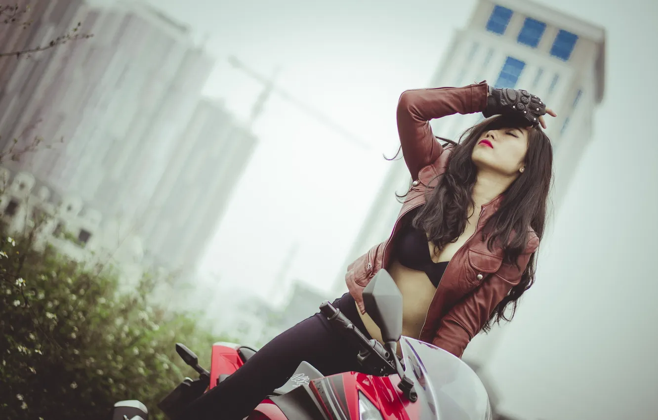 Photo wallpaper girl, pose, motorcycle, Asian