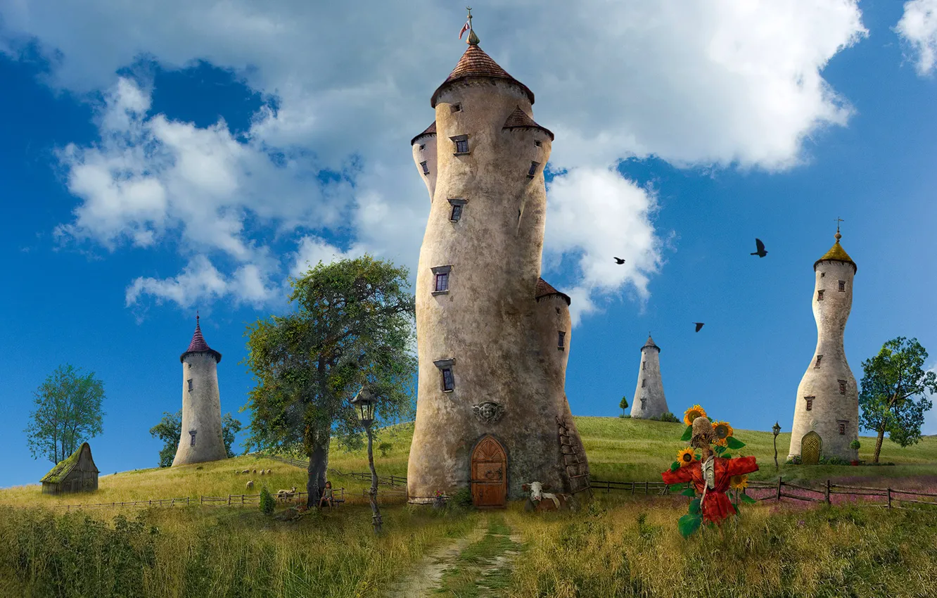Photo wallpaper clouds, girl, tower, stuffed, cattle