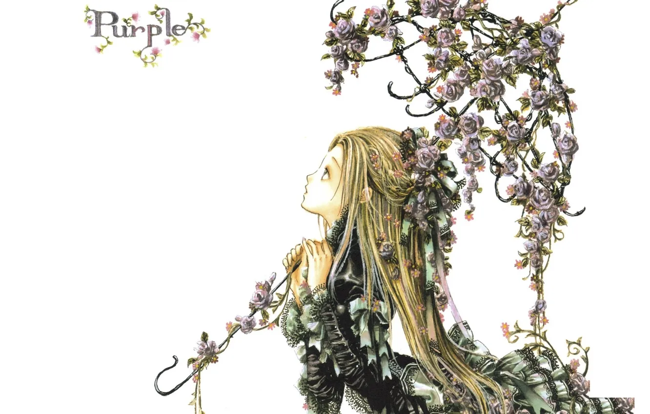 Photo wallpaper girl, white background, long hair, looking up, crinoline, rosebuds, with an umbrella, by Green Glass
