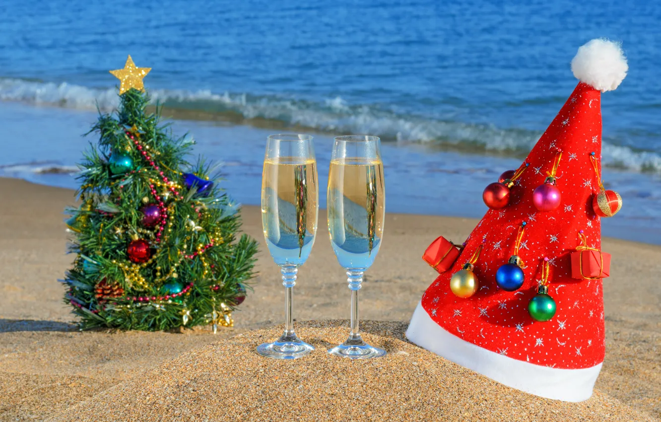 Photo wallpaper sand, sea, beach, the ocean, holiday, toys, new year, Christmas
