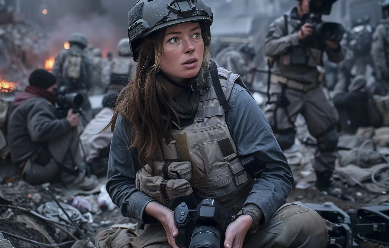 Photo wallpaper girl, building, soldiers, the camera, devastation, male, digital art, AI art