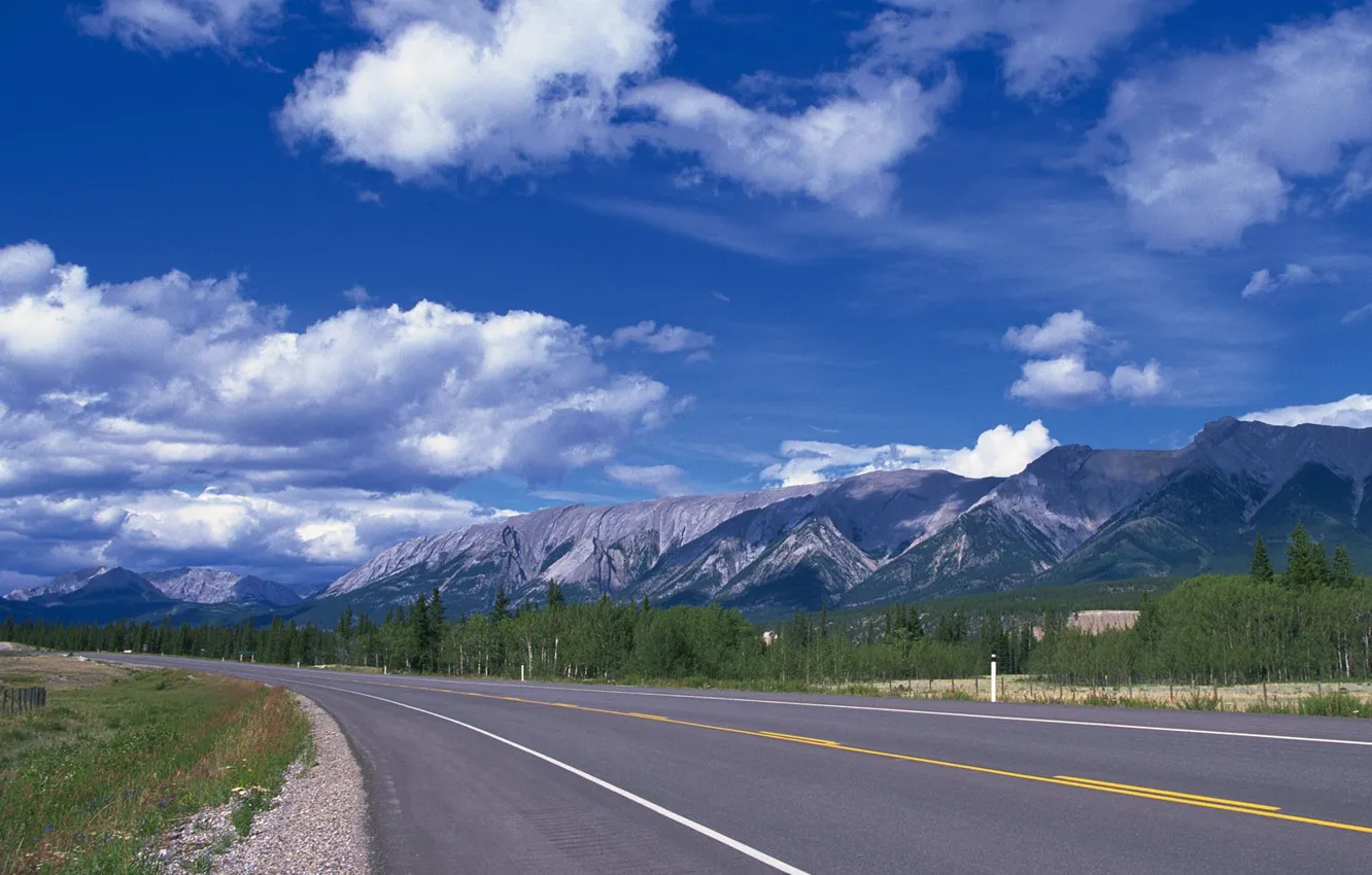 Photo wallpaper road, clouds, mountains