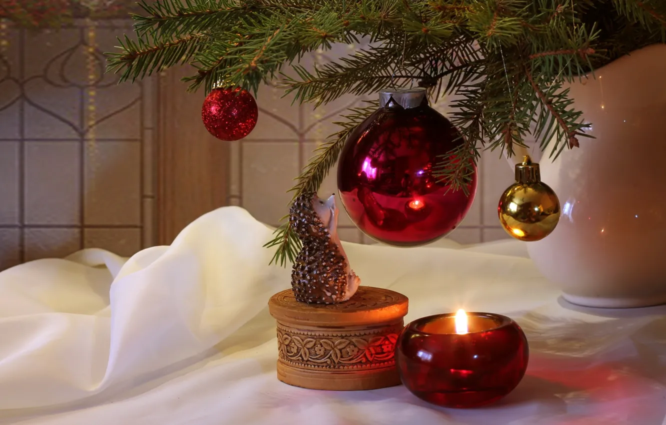 Photo wallpaper toy, tree, candles, box, hedgehog