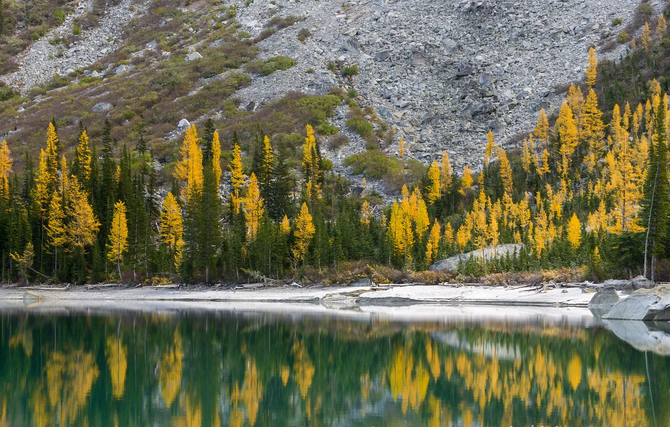 Photo wallpaper autumn, snow, trees, lake, mountain, slope
