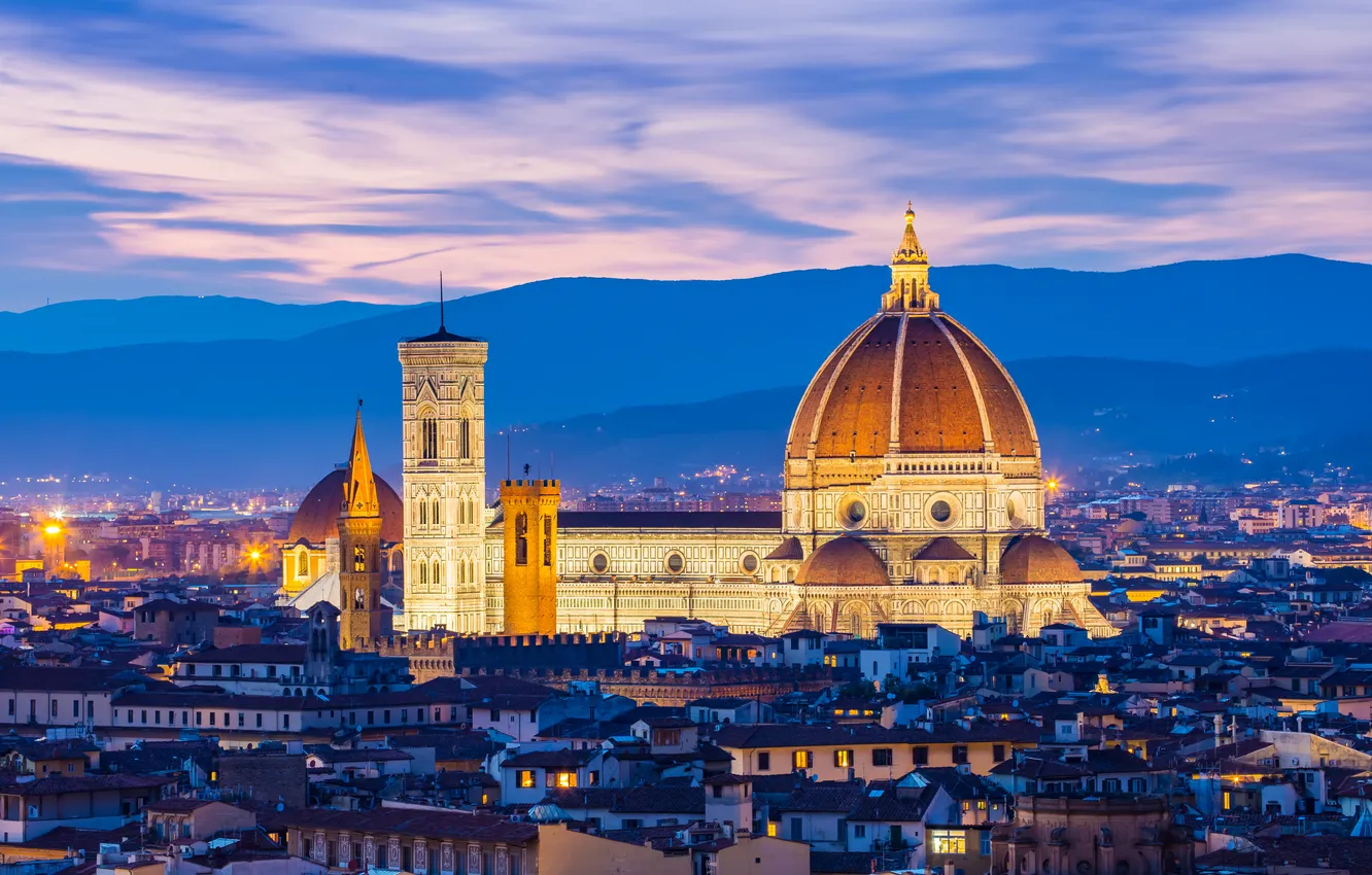 Photo wallpaper roof, the sky, clouds, light, mountains, old, the city, blue