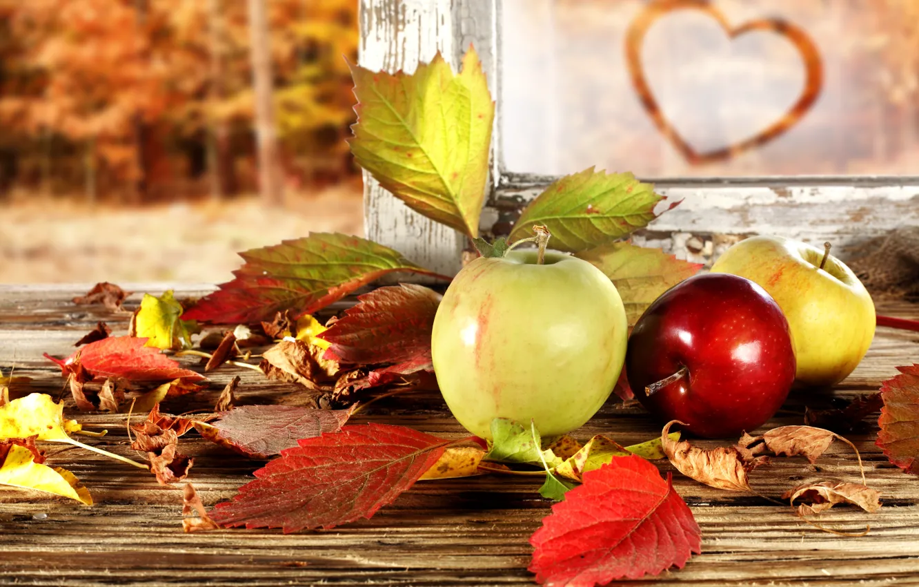 Photo wallpaper autumn, forest, leaves, apples, frame, heart