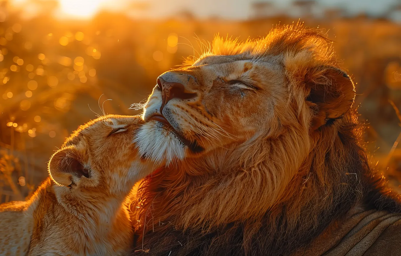 Photo wallpaper dawn, predator, Leo, cub, kitty, two, big cats, digital art