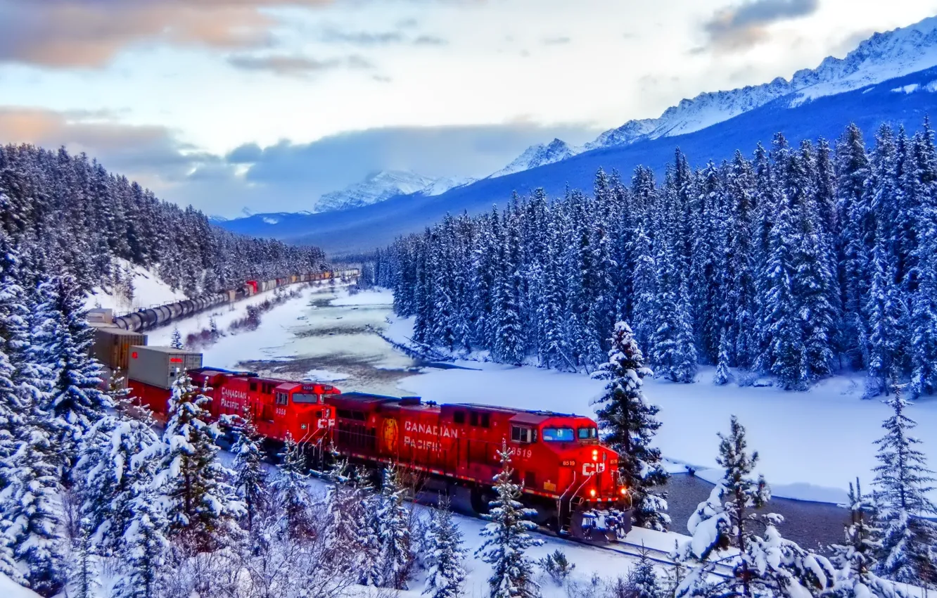 Photo wallpaper winter, forest, the sky, clouds, snow, mountains, train