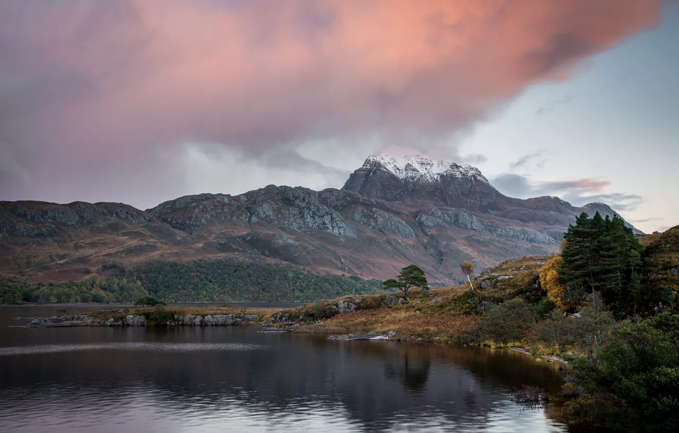 Photo wallpaper autumn, the sky, snow, trees, mountains, clouds, lake