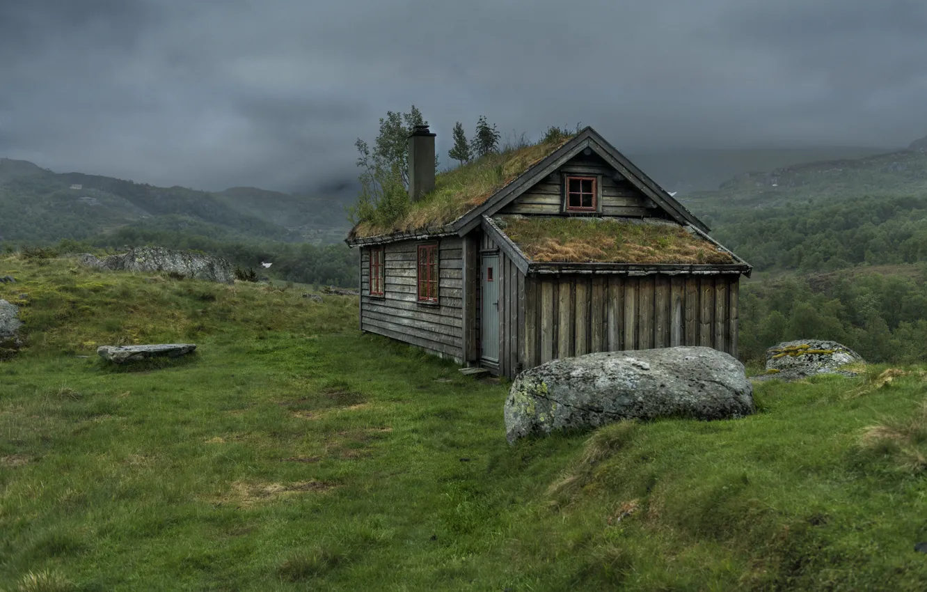 Photo wallpaper summer, mountains, clouds, house, Norway, Rogaland, Gullingen