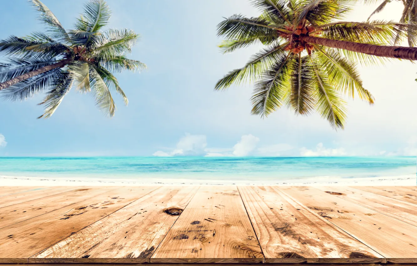 Photo wallpaper sand, sea, wave, beach, summer, the sky, palm trees, shore