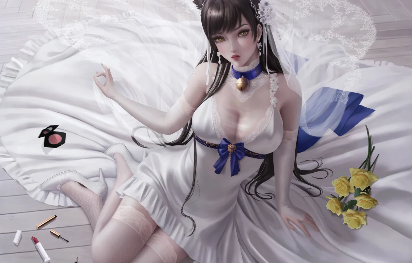 Photo wallpaper girl, sexy, cleavage, thighhighs, long hair, dress, legs, boobs