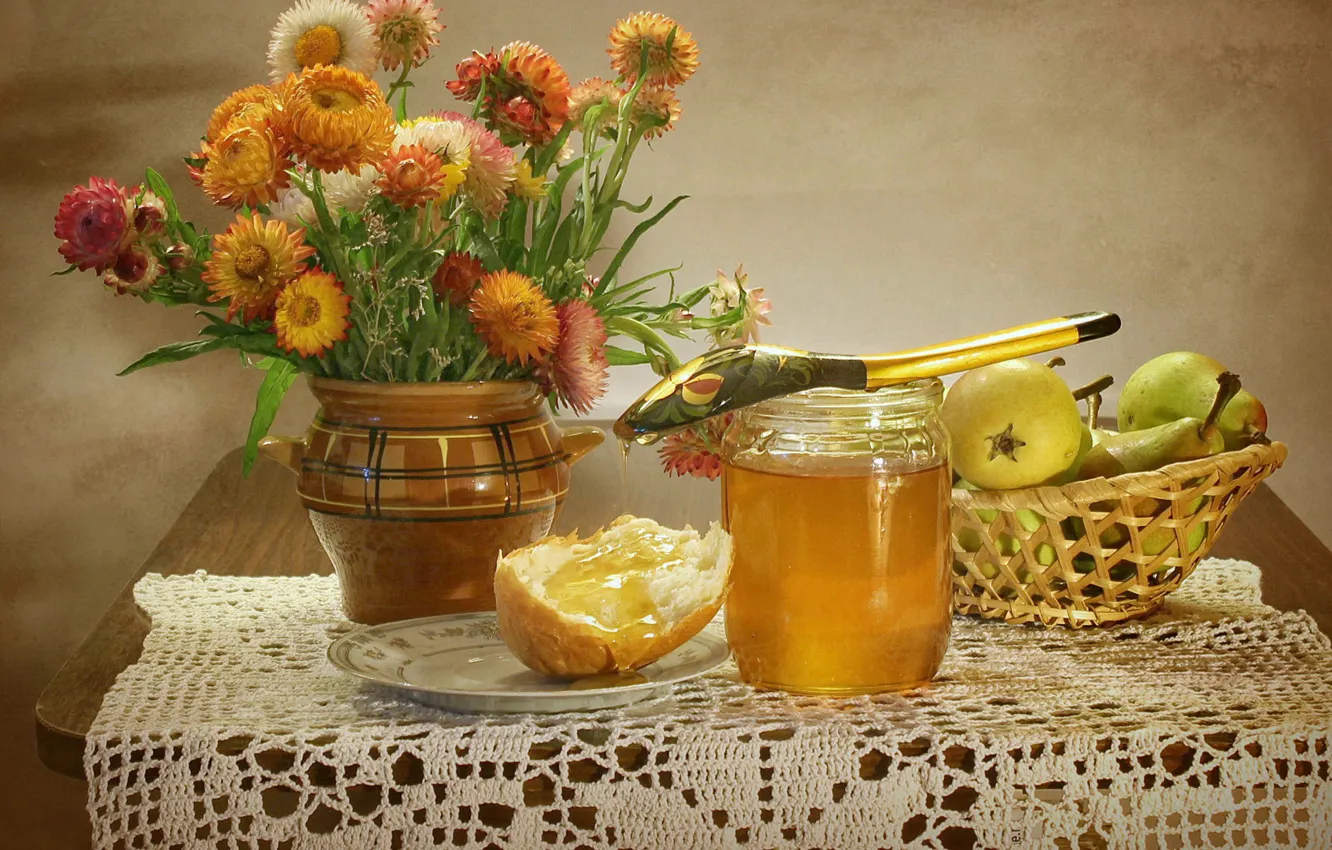 Photo wallpaper apples, plate, bread, spoon, Bank, fruit, still life, honey