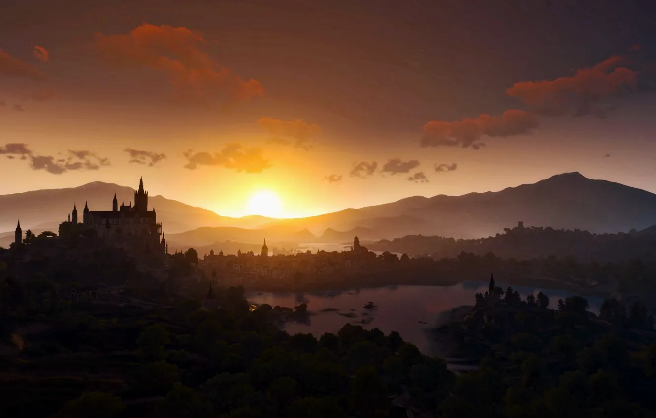 Photo wallpaper Sunset, Mountains, Castle, Landscape, Art, The Witcher, The Witcher 3, Toussaint
