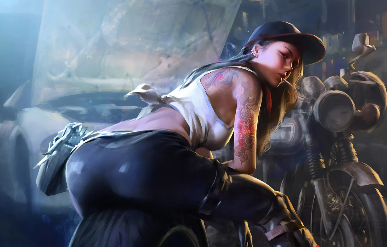 Photo wallpaper ass, woman, cigarette, look, butt, Mechanic