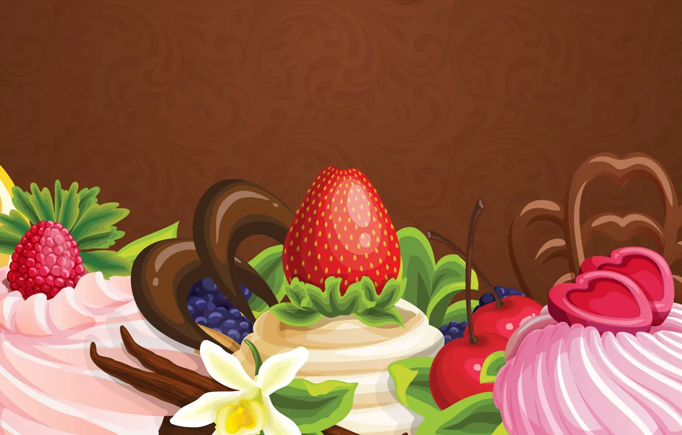 Photo wallpaper flowers, abstraction, berries, chocolate, sweets, cake, fruit, cream