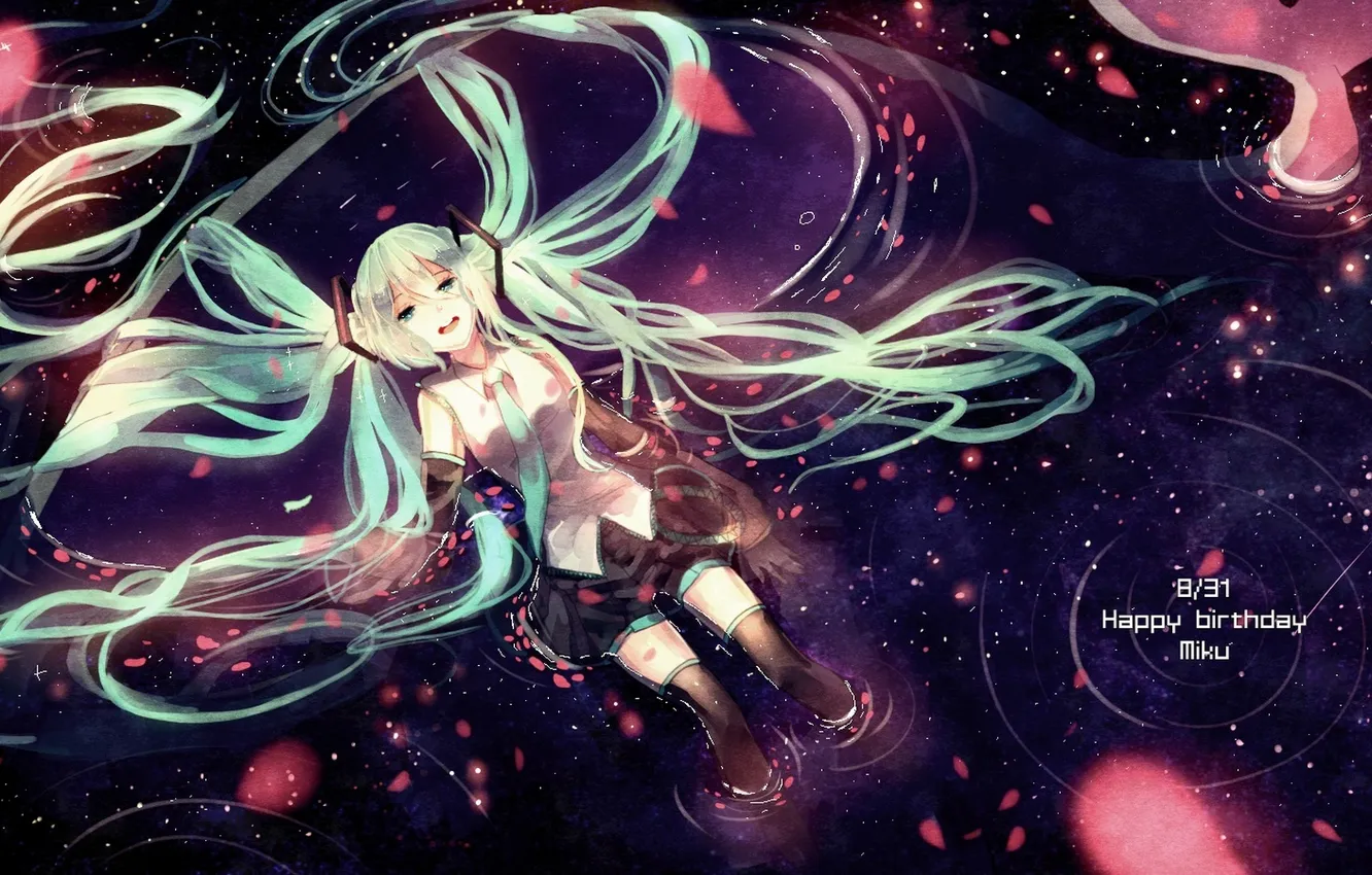 Photo wallpaper water, girl, anime, petals, art, form, vocaloid, hatsune miku
