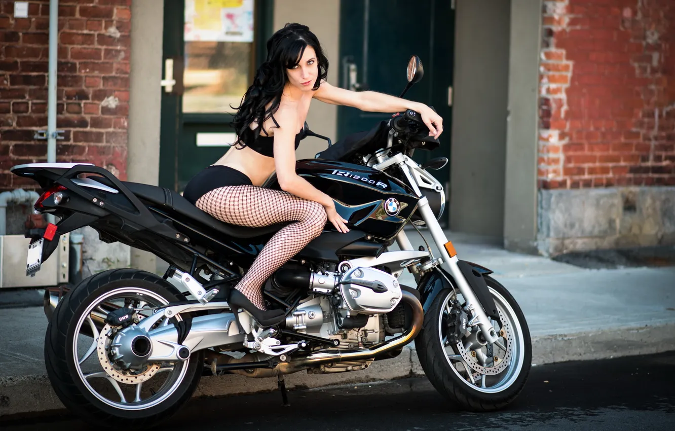 Photo wallpaper girl, street, BMW, motorcycle