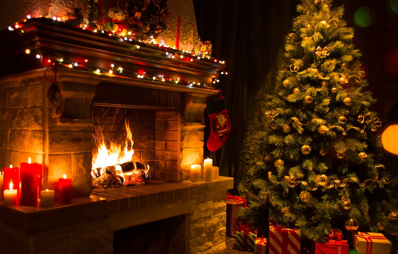 Photo wallpaper light, Candle, Christmas, fireplace