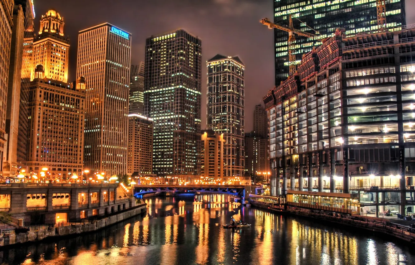Photo wallpaper lights, Chicago, river, night