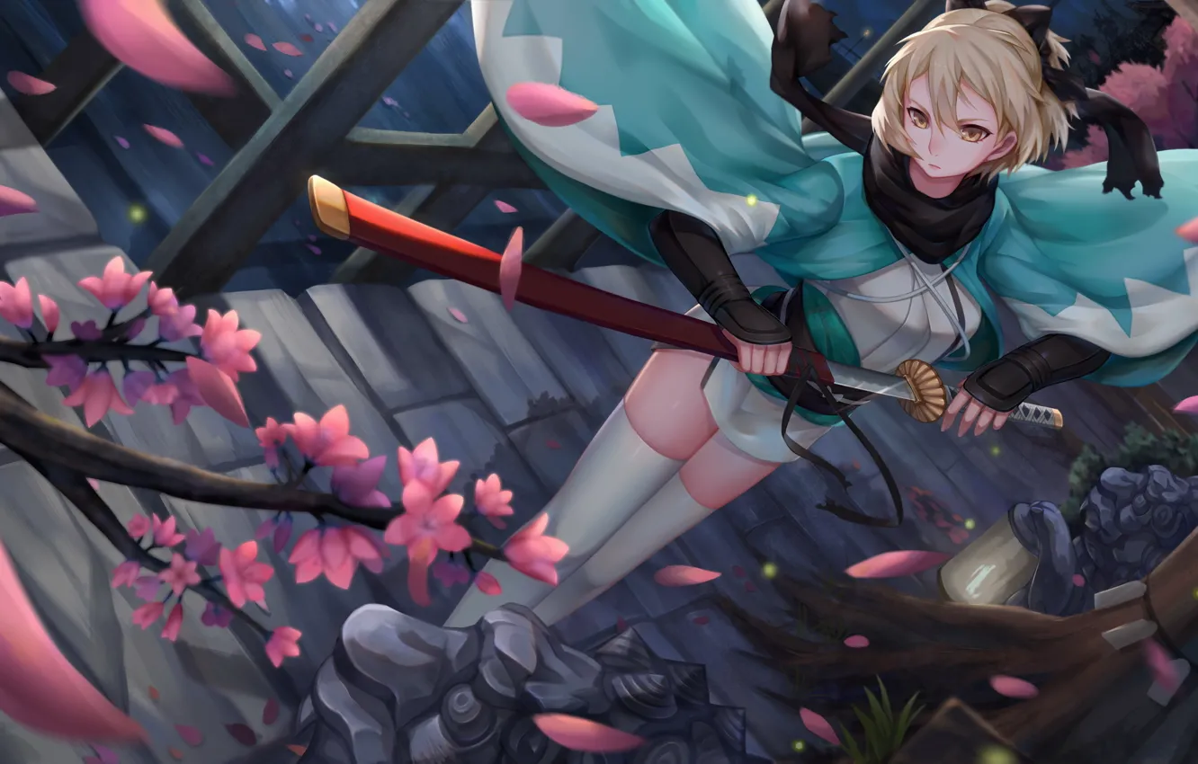 Photo wallpaper girl, house, branch, katana, Sakura, saber, fate/stay night, fate/grand order