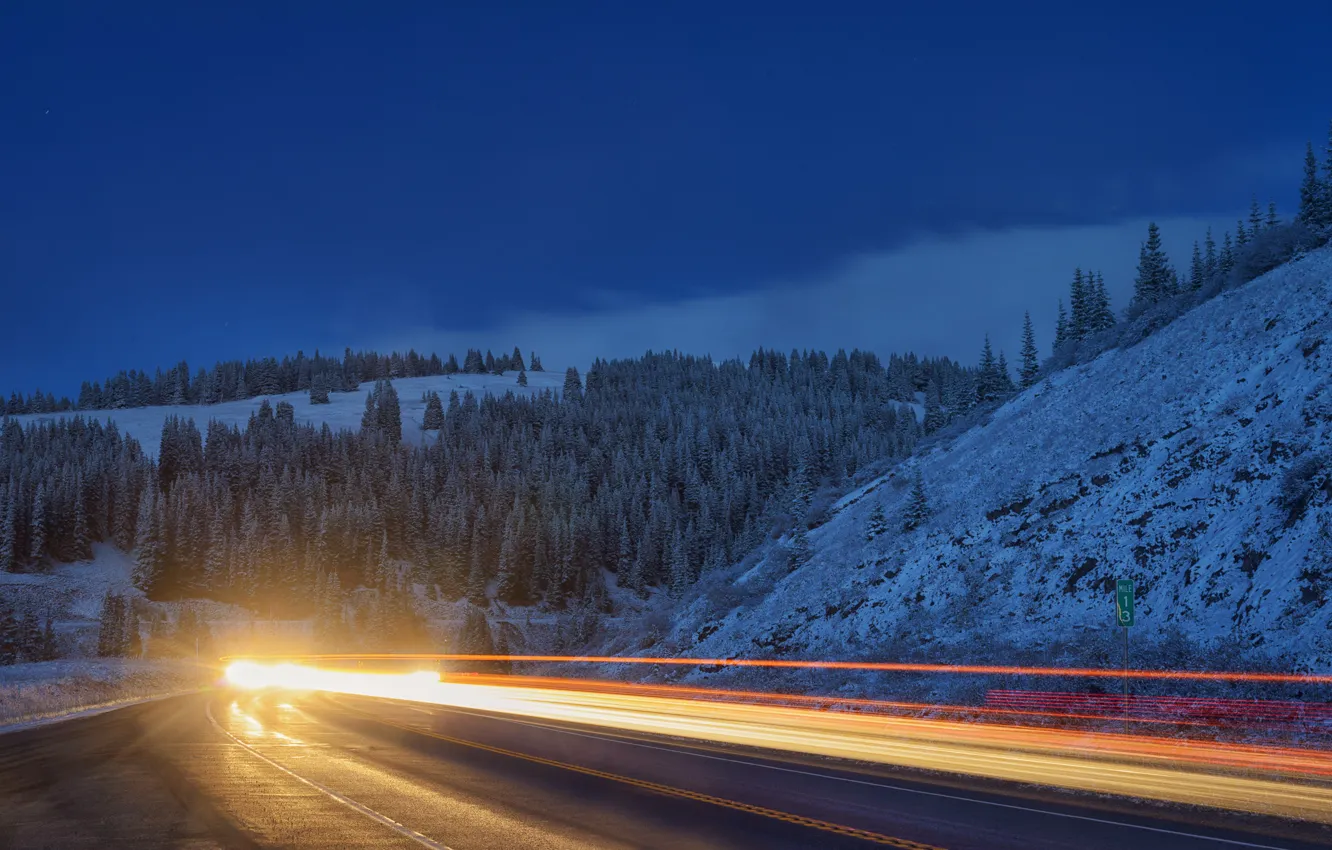 Photo wallpaper road, forest, mountains, Colorado, headlights, Colorado, Copper Mountain