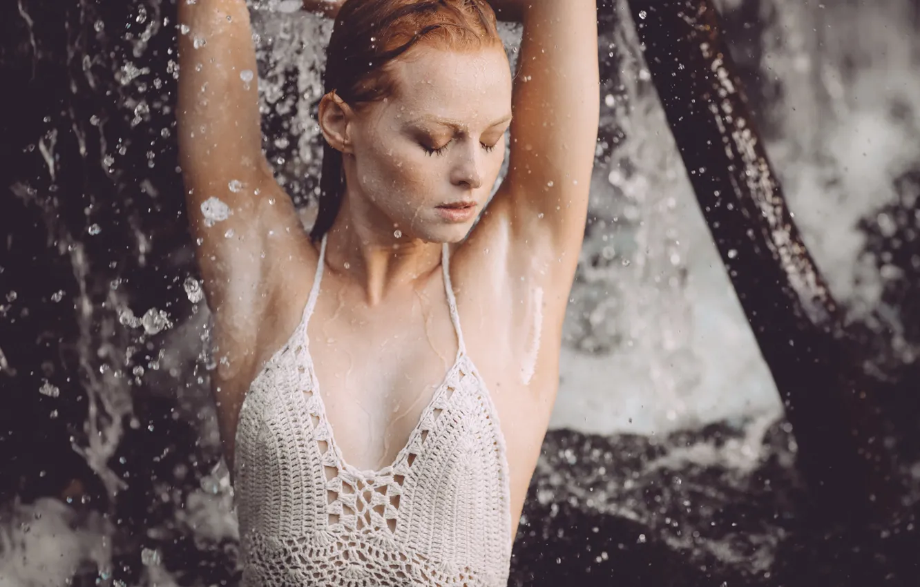 Photo wallpaper girl, squirt, pose, waterfall, hands, David Olkarny