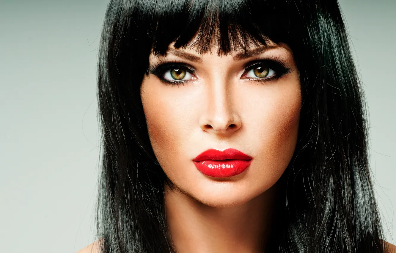 Photo wallpaper look, face, hair, bangs, girl. model, green eyes. makeup. red lips