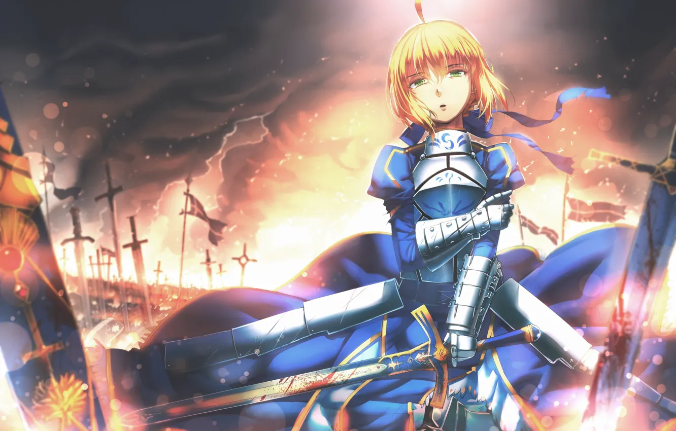 Photo wallpaper girl, blood, sword, armor, Fate Stay Night, saber, anime, art