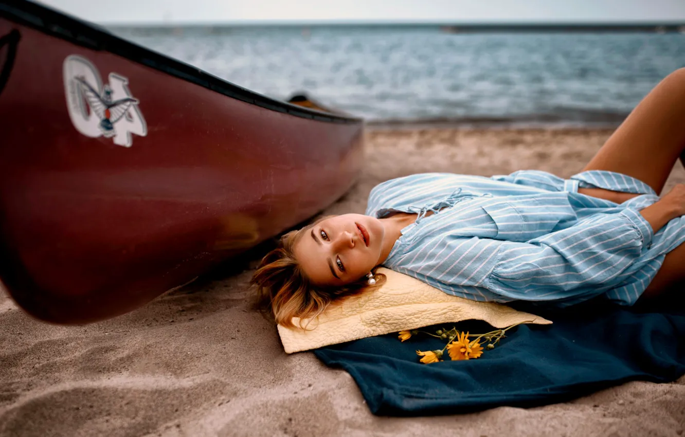 Photo wallpaper girl, beach, Model, legs, sea, brown eyes, photo, water