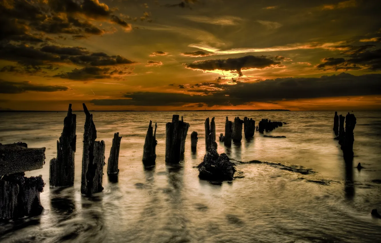 Photo wallpaper sea, clouds, sunset, log