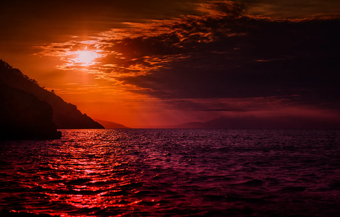 Photo wallpaper sea, the sky, clouds, sunset, mountains