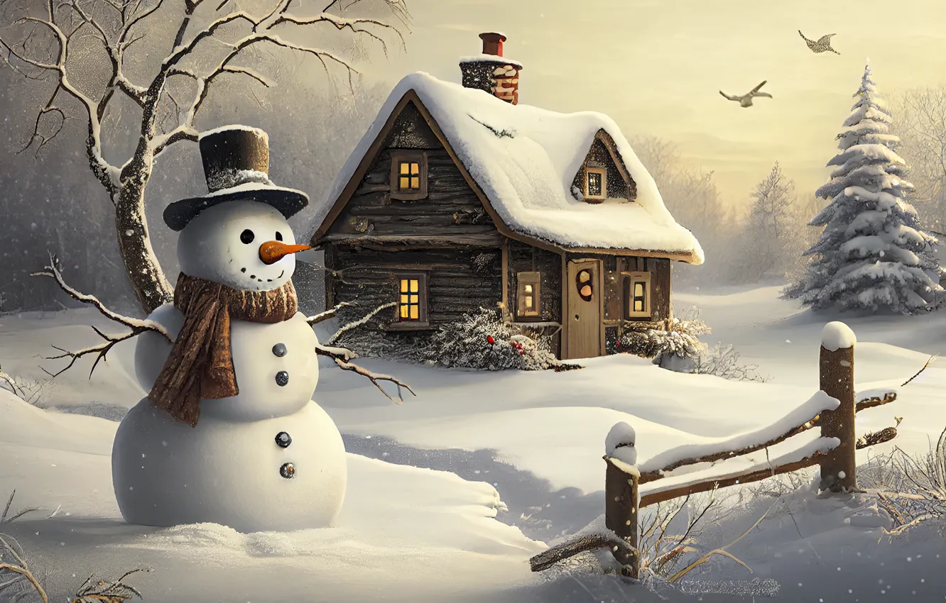 Photo wallpaper winter, snow, new year, hut, home, Christmas, house, snowman