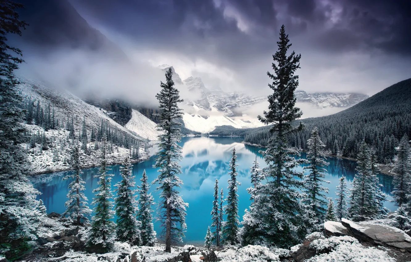 Photo wallpaper winter, clouds, snow, trees, mountains, clouds, nature, fog