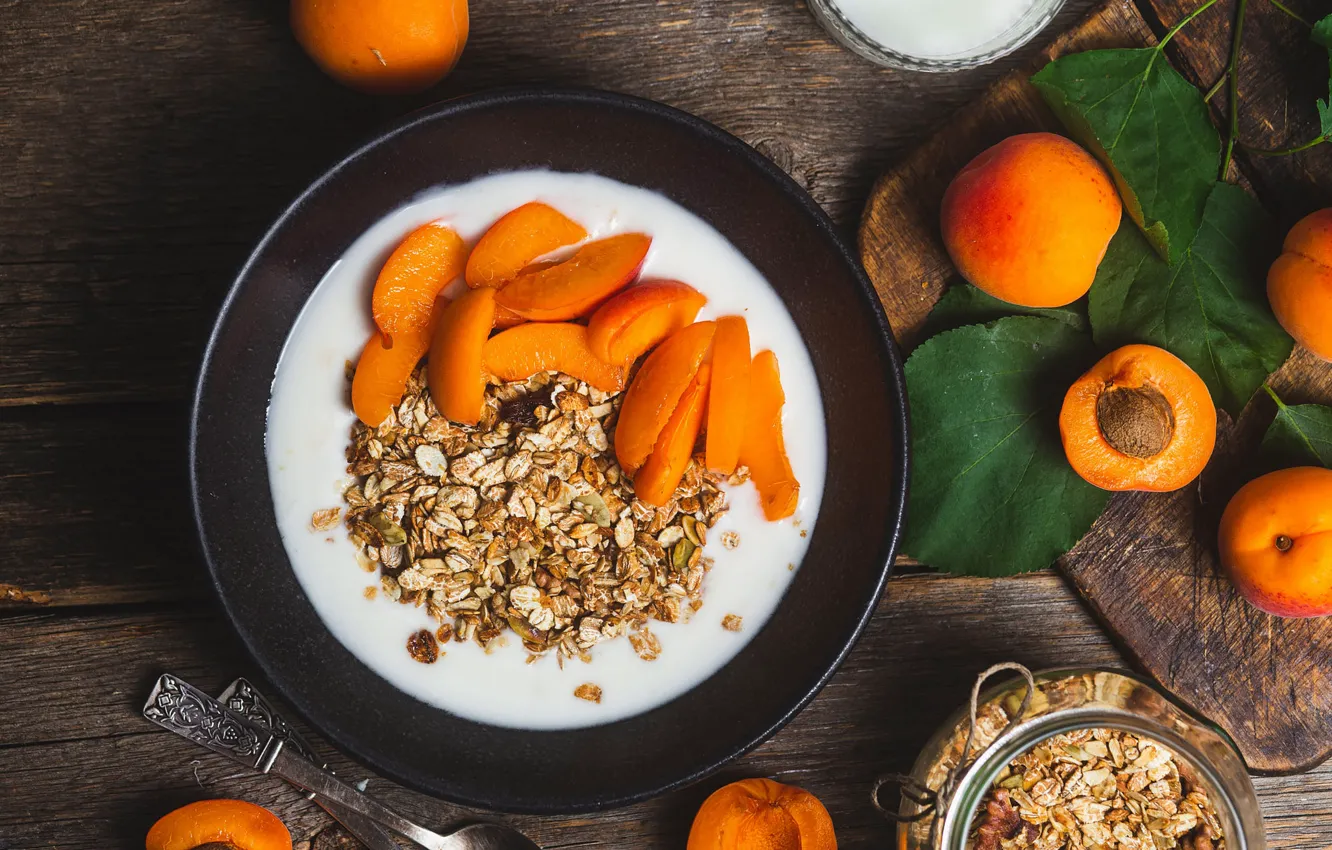 Photo wallpaper leaves, Board, Breakfast, milk, plate, spoon, Bank, cereal