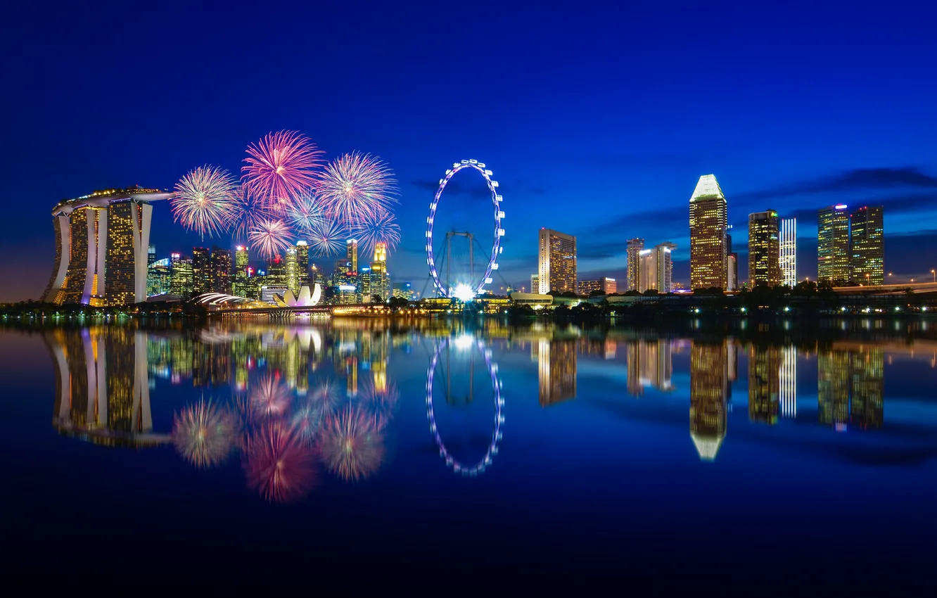 Photo wallpaper night, lights, reflection, lighting, Bay, Singapore, night city, The city-state