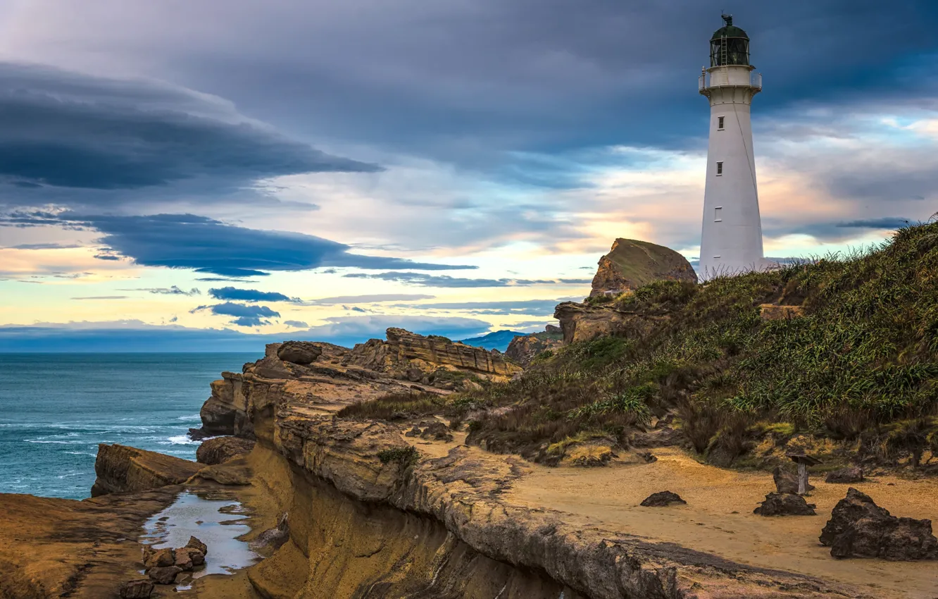Photo wallpaper rocks, coast, lighthouse, New Zealand, Castlepoint Lighthouse