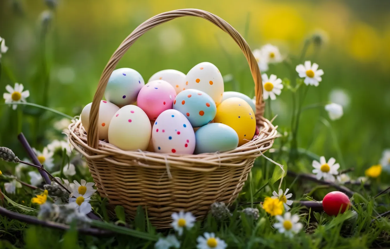 Photo wallpaper flowers, basket, glade, eggs, spring, colorful, Easter, flowers