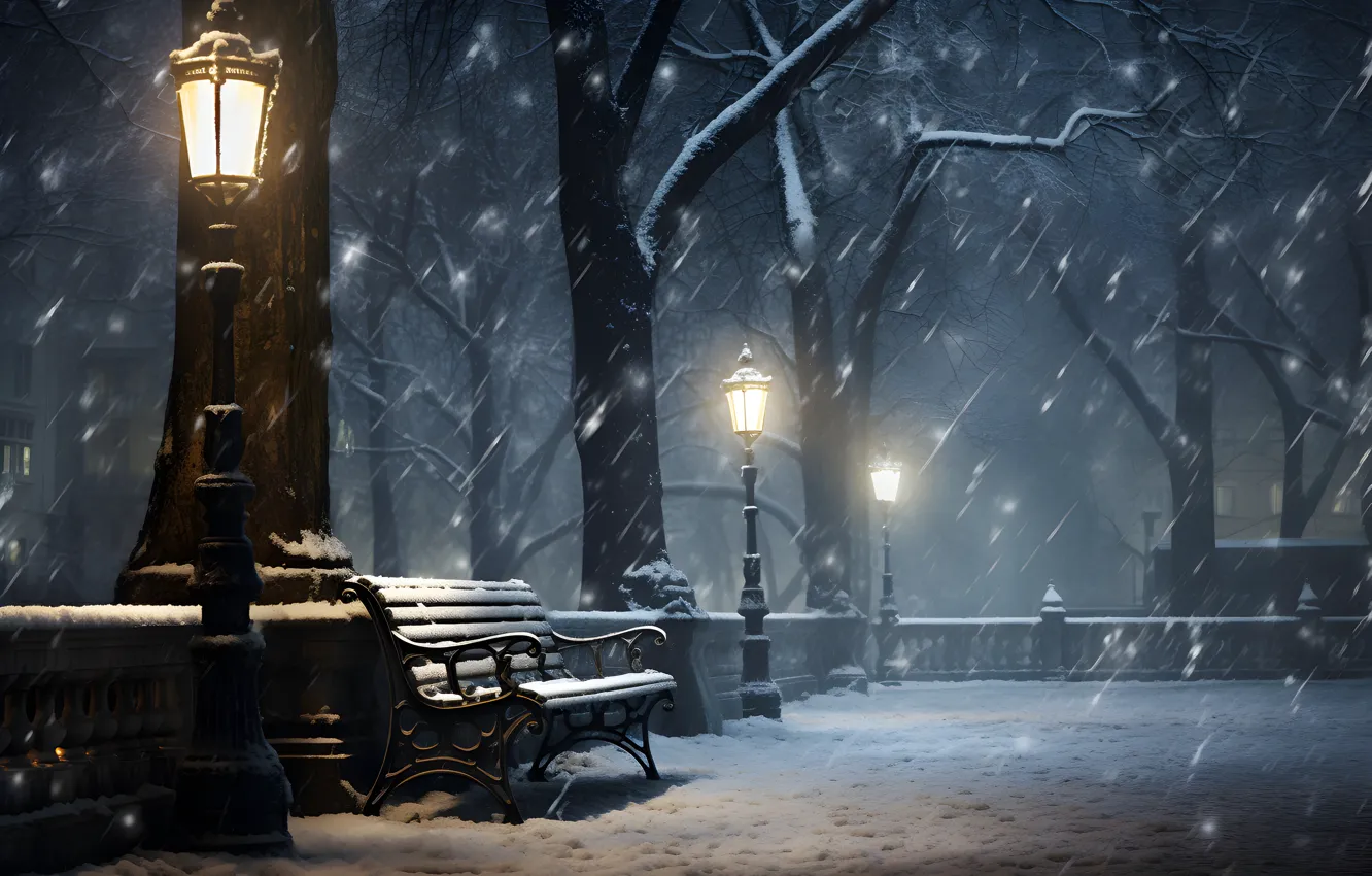 Photo wallpaper winter, snow, trees, bench, night, lights, Park, street