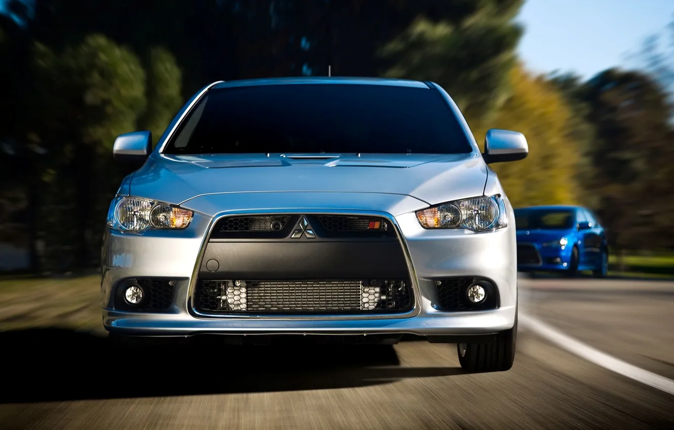 Photo wallpaper road, car, machine, grey, movement, Mitsubishi, Lancer, car