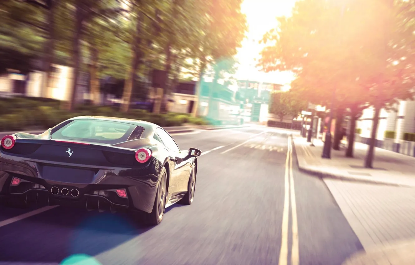 Photo wallpaper the sun, glare, street, black, Ferrari, Ferrari, black, 458
