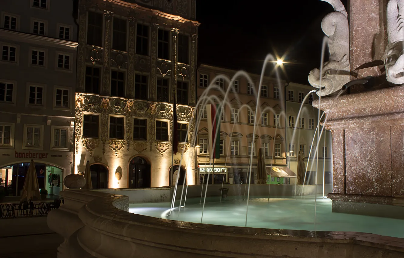Photo wallpaper night, lights, home, Germany, Bayern, fountain, Landsberg