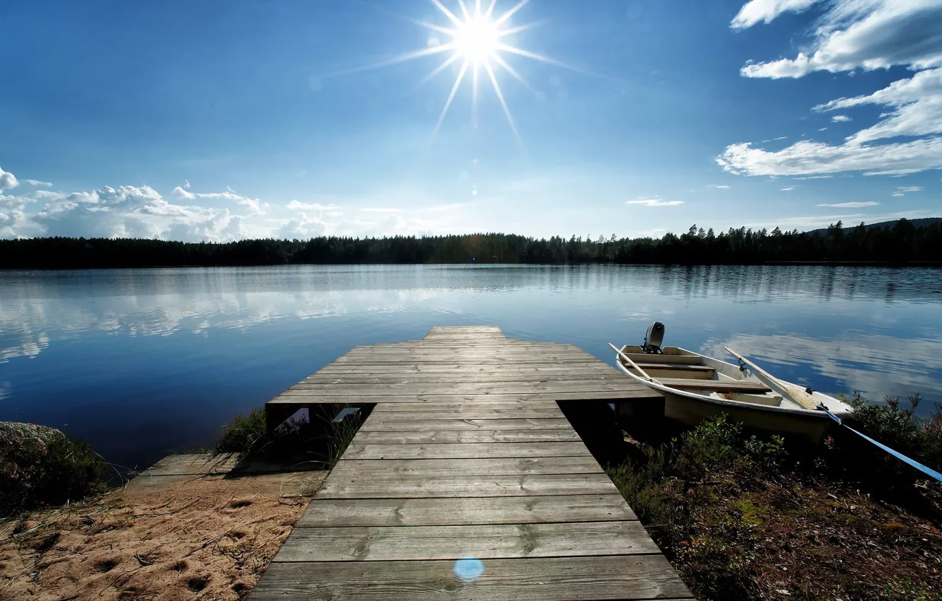 Photo wallpaper landscape, bridge, lake, boat